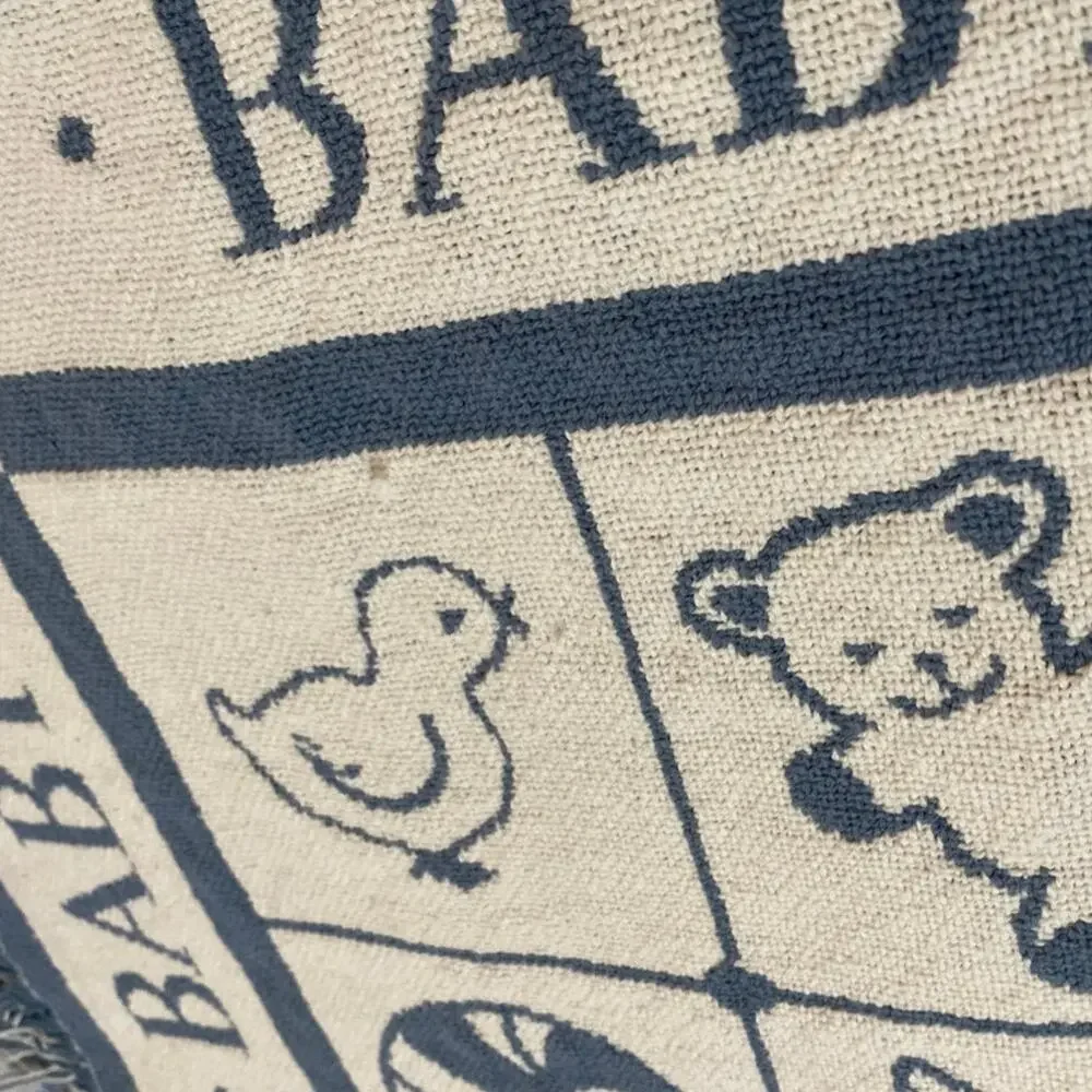 Vintage Baby Throw Blanket Afghan Alphabet Block TeddyBear Duck Animal Fringe